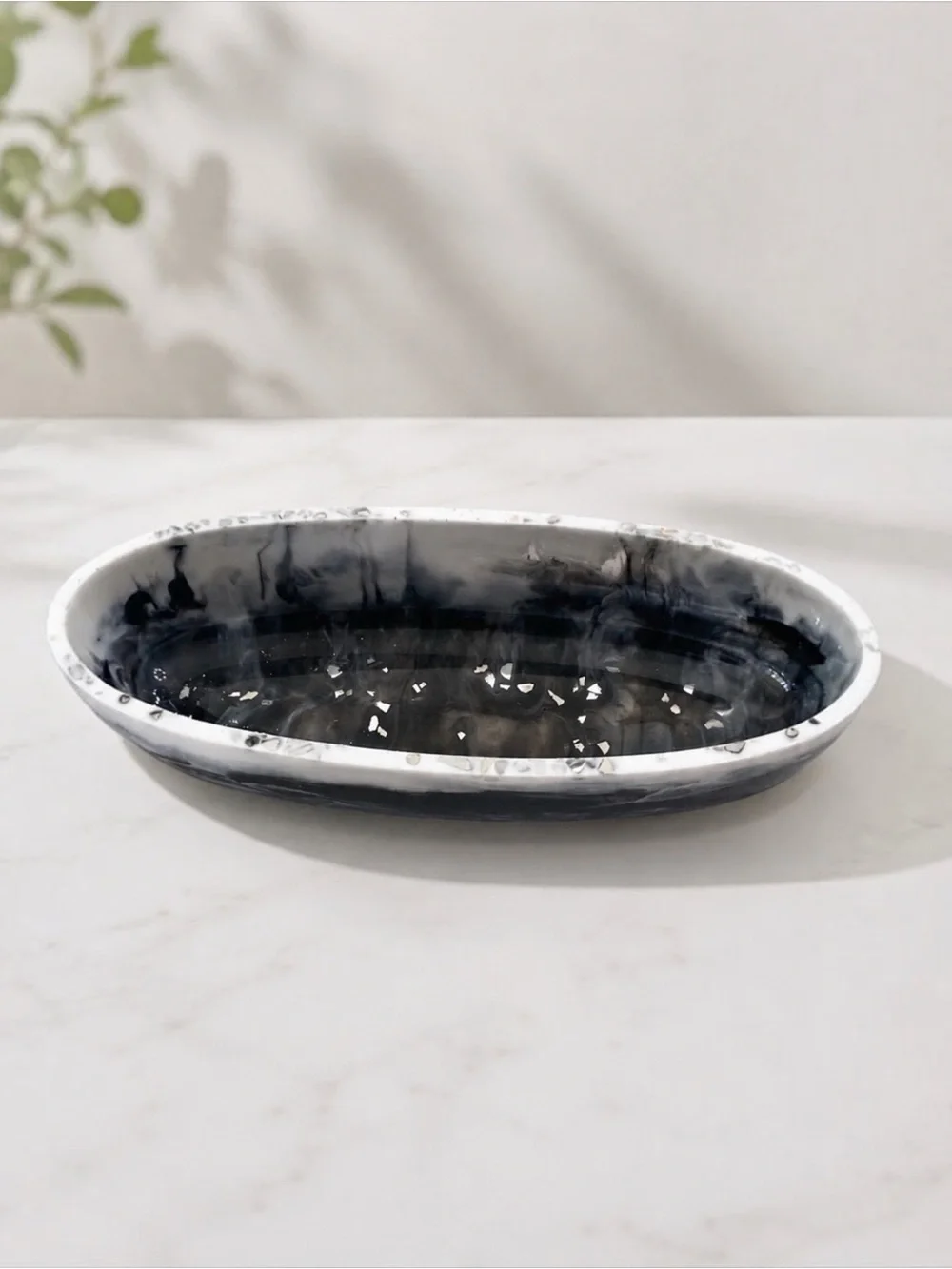 Black Marbled Oval Ceramic Soap Dish - Home Bath Vanity Tray